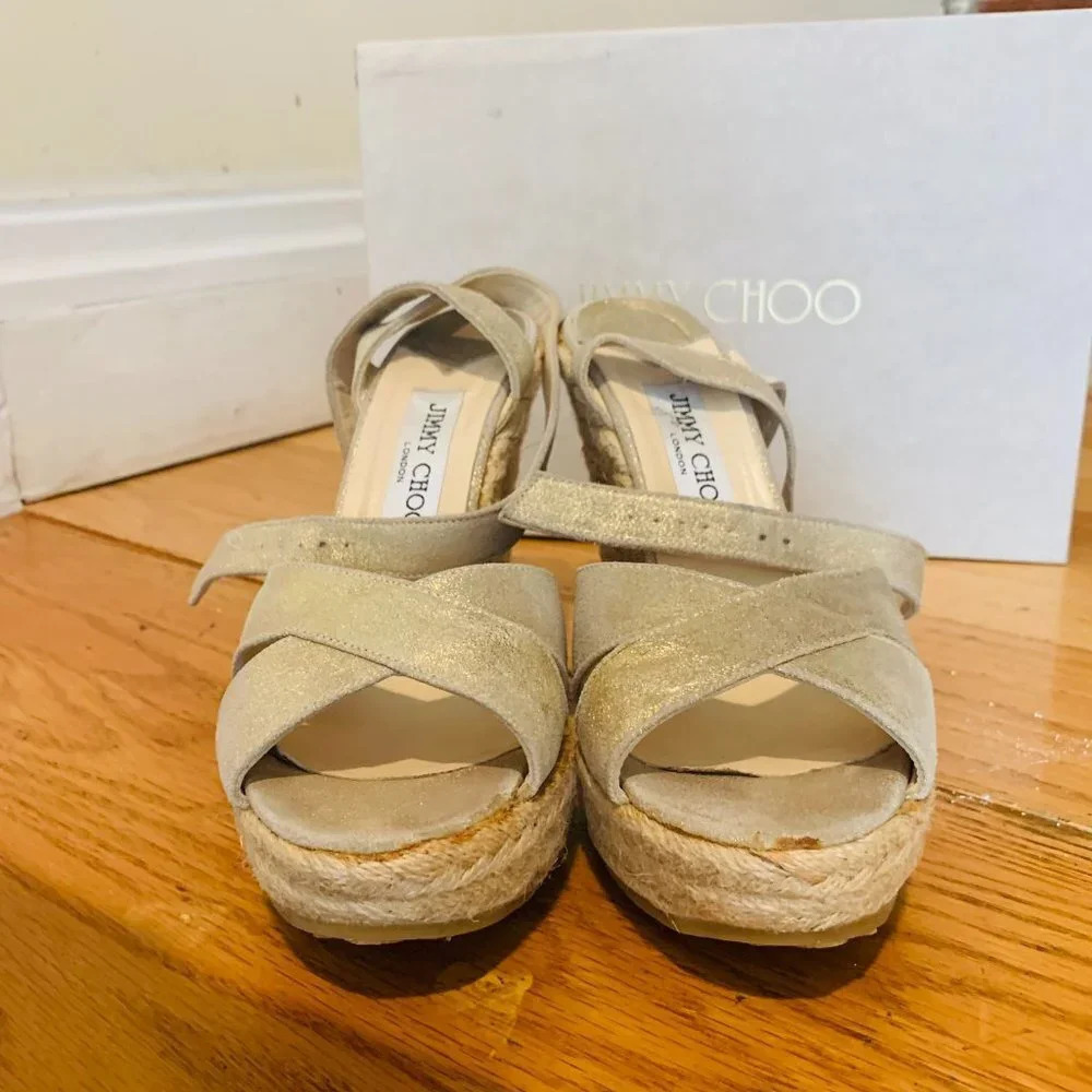 Jimmy Choo Espadrille Wedge Nude Beige Size 8.5 - Picture 9 of 16